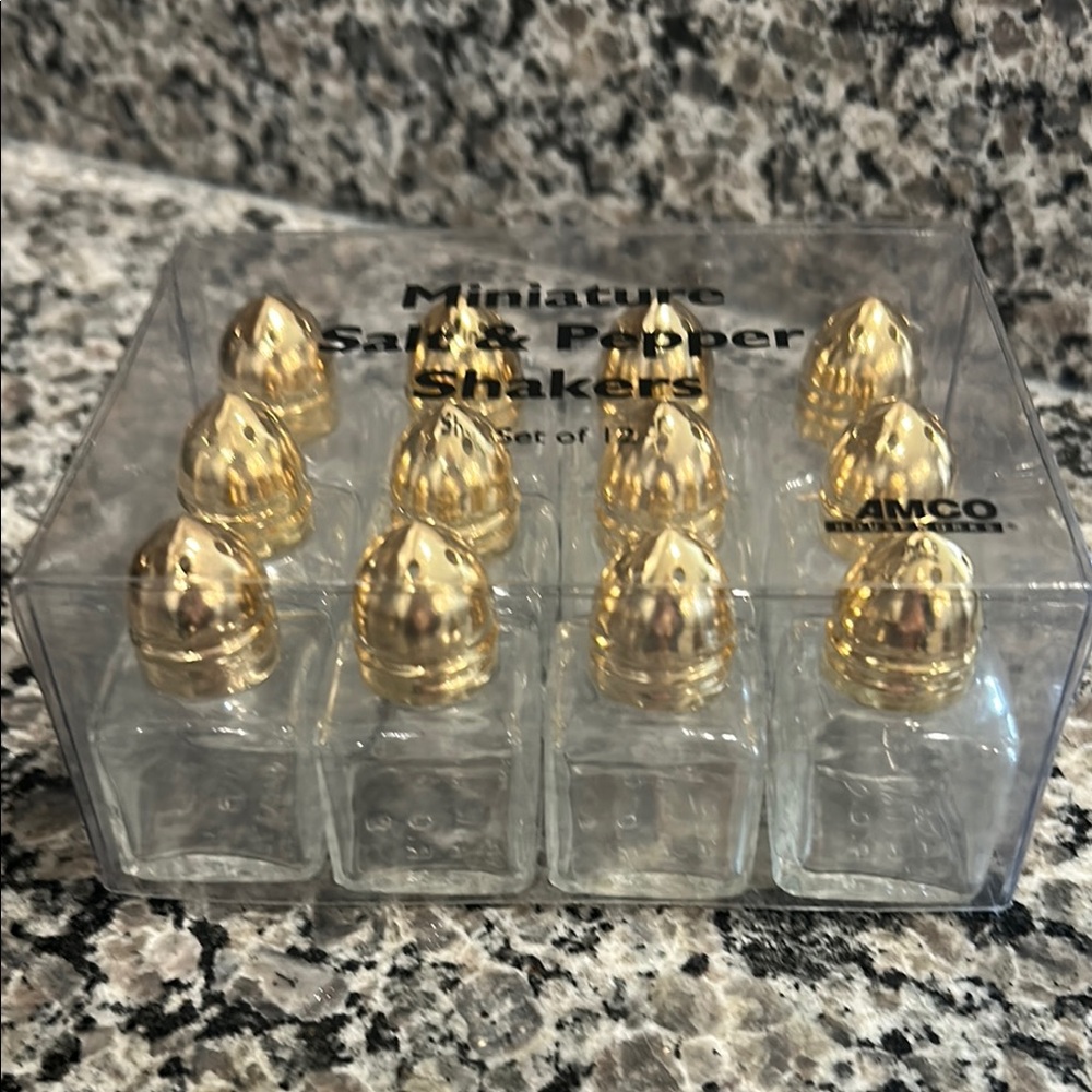 Miniature Salt and Pepper Shakers with Gold Tops
